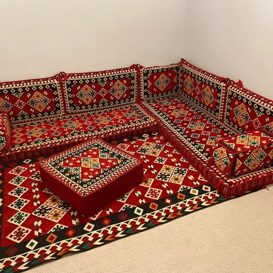Red Arabic Floor Sofa Set, L Shape Corner Seating, Jalsa, Sectional Sofas, Pallet Cushions, Couches, Bench Cushions