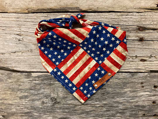 Dog Bandana, USA Rustic Flag July 4Th, Traditional Tie, Personalized Leather Name Tag Bandanna, Scarf, Pet Accessories, Puppy Bandana