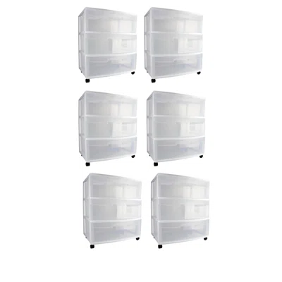 Sterilite At Home 3 Drawer Wide Storage Cart Container with Casters