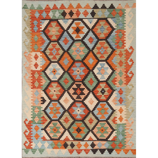 Hand-woven Kilim Area Rug Reversible Multi-Color Geometric Wool Carpet - 5'0" x 6'3"
