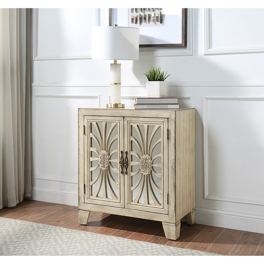 Console Table In Antique White Finish Rectangular Console Table W/2 Doors Tapered Leg Storage: Glass Doors W/1 Shelf Inside