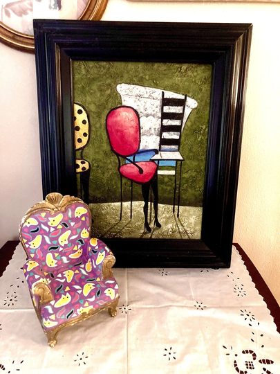 Vintage Surrealist Chair Art Painting, Acrylic Framed Painting Of Chairs
