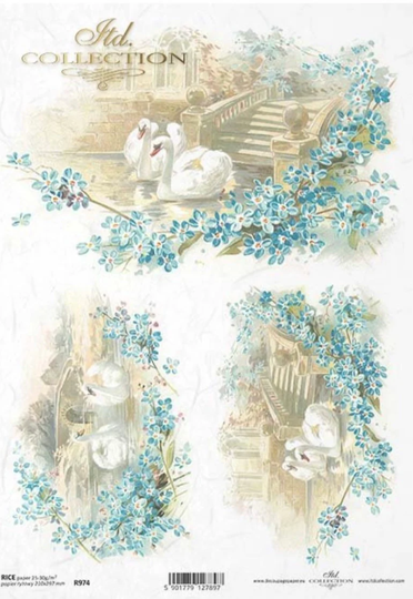 Rice Paper Sheet For Decoupage, Birds, Swans, Mulberry, Decorative Tissue, Scrapbooking, Card Making, 1 A4 Sheet, R974