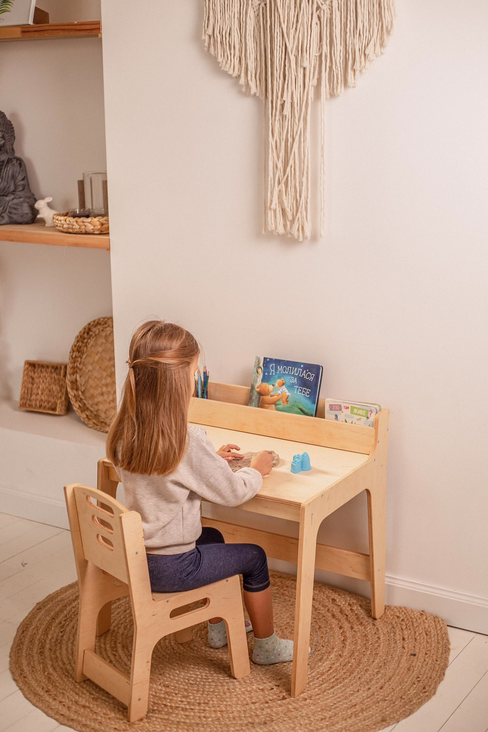 Desk & Chair Set For Toddler, Montessori Table With Bookshelf, Kids Board Game Table, Drawer, Minimalist Furniture