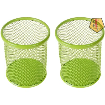 Metal Desktop Storage Organizer Round Mesh Pen Ruler Eyebrow Pencil Makeup Brush Holder Case For Home Office Classroom, 2 Pcs, Green