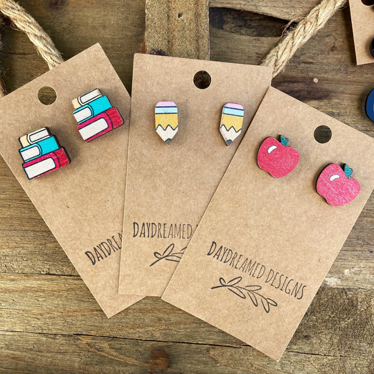 Wood Teacher Stud Earrings, Studs, Back To School Gift, Pencil Apple Book Studs