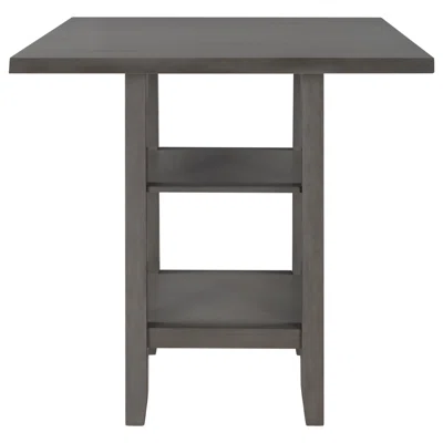 Square Wooden Counter Height Dining Table With 2-Tier Storage Shelving, Gray