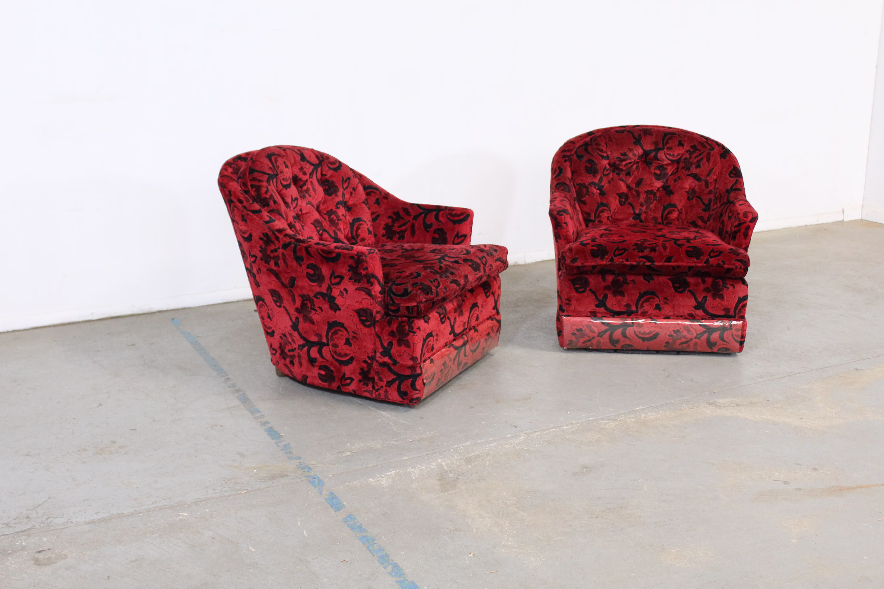 Pair Of Mid-Century Modern Tufted Velvet Barrel Back Club Chairs