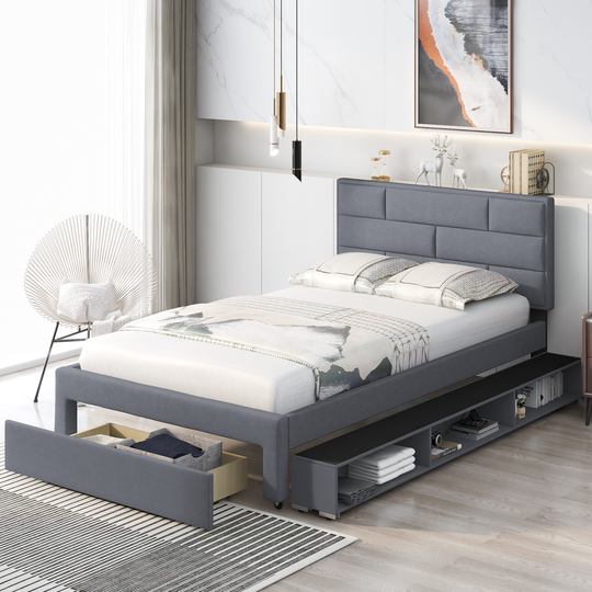 EYIW Full Size Linen Upholstered Platform Bed with Built-in Sliding Drawer, Storage Shelves and Wood Slats