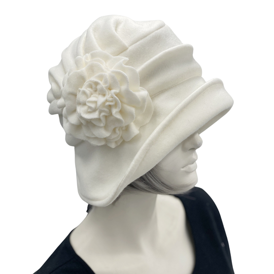 Cloche Hat Women, Cream Fleece Hat, Elegant & Formal Chemo Headwear, Handmade Birthday Gift For Wife
