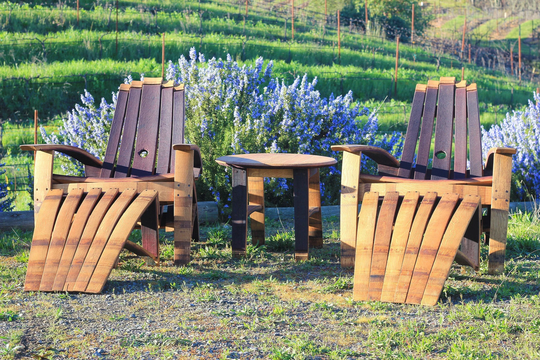 Two Wine Barrel Adirondack Chairs, Ottomans & Table Set With Free Laser Engraving