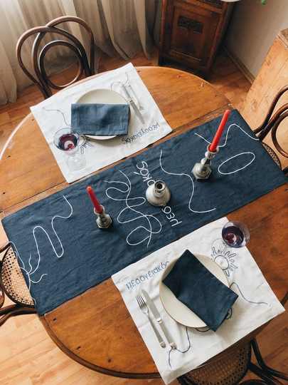 Table Linen Set Runner, Placemats, Napkins. Embroidered Navy Deep Blue Natural Tablecloth Set. Decor. Dining Room Decoration