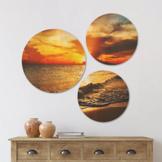 Designart 'Colorful Dramatic Sunset over Waves' Modern Beach Wood Wall Art Set of 3 Circles - Multi-Color