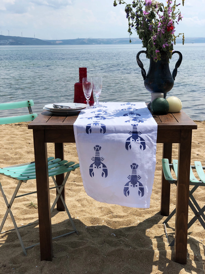 Lobster Linen Table Runner, Block Printed, Natural Ecofriendly Handmade Gifts, Summer Dinner Decor, Gift For Mom