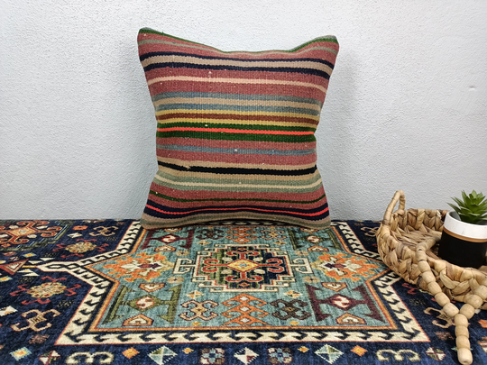 Dining Chair Pillow, Throw Kilim Hand Woven Colorful Nursery Cushion, 16x16 Inches 16-16Vt 223