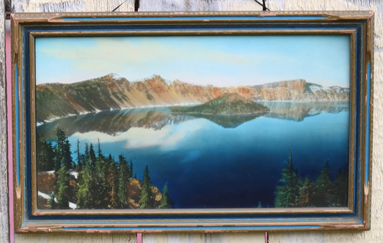 Antique Original Oil Colored Panoramic Photograph Crater Lake Wizard Island Oregon With Frame 15.5"W X 9+5/8"H C1910S