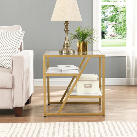 Golden Side Table, End Table with Storage Shelf, Tempered Glass Coffee Table with Metal Frame for Living Room&Bed Room,