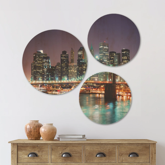 Designart 'New York City Manhattan Skyscrapers' Cityscape Wood Wall Art Set of 3 Circles - Multi-Color
