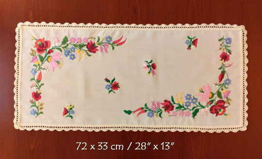 Hand Embroidered Vintage Table Runner | 28"x13", Centerpiece With Authentic Hungarian, Kalocsa Embroidery