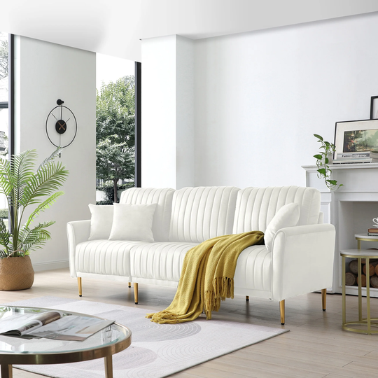 Cream Sofa Couch Velvet Tufted Upholstered with Pillows and Metal Legs