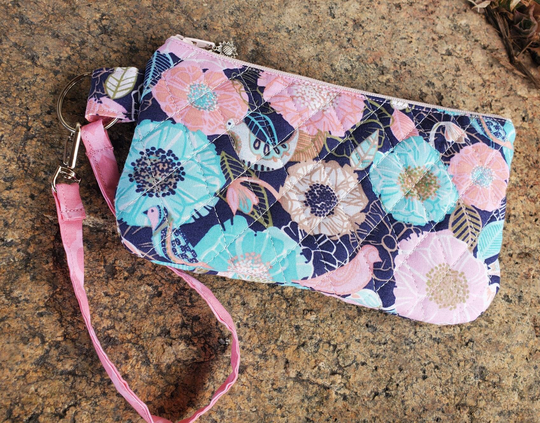 Quilted Wristlet, Bird Cosmetic Bag, Fabric Zipper Bag, Purse Organizer, Pencil Pouch, Feminine School Mask Pouch