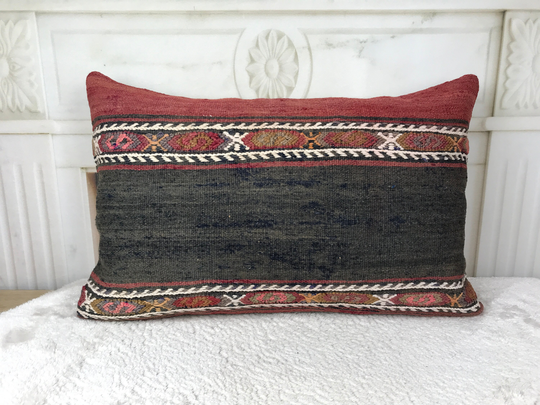 Bohemian Sofa Pillow, Kilim Throw Cushion Case, Wool Accent Couch Lumbar 16x24 Inch Home Decor, 2624
