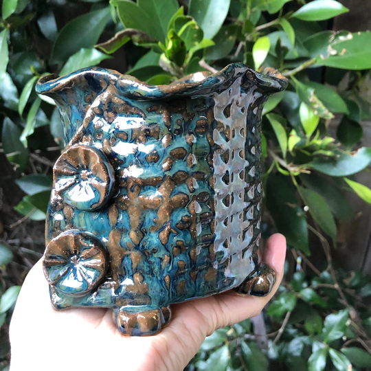 Handbuilt Pottery Vase, Ceramic Container, Stoneware Utensil Holder, Handmade Pen Pencil Brush Spiral Floral Decor
