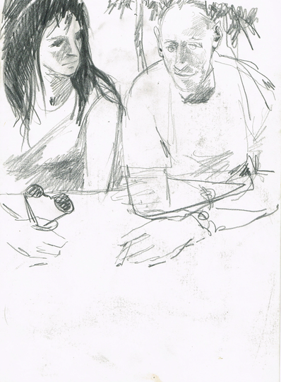 Vintage Original 1980S Pencil Pen Drawing Of People in Holiday/Beach Scene By Illustrator Salim Patel
