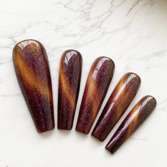 Reusable Orangy Purple Cat Eye Galaxy Press On Nails