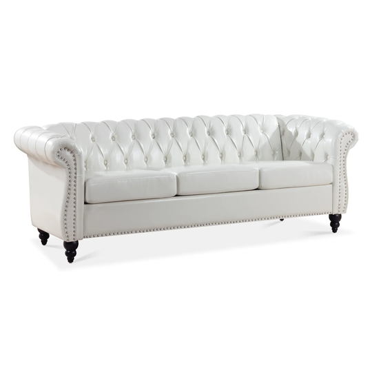 PU Leather Three Seater Sofa, Traditional Rolled Arm Chesterfield Sofa