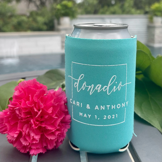 Custom Colored Can Cooler, White Monogram Wedding Reception Favor, Colorful Cooler Hugger, Drink Coolie