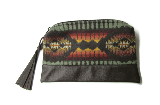 Zippered Brown Leather Pouch Pencil Case Cosmetic Bag Make Up Clutch Purse Vintage Blanket Wool From Pendleton Woolen Mills