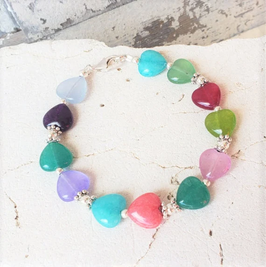 Multi Color Heart Bracelet. Colorful Jade Jewelry.jade Bracelet.jade Jewelry.gift For Her.colorful Bracelet