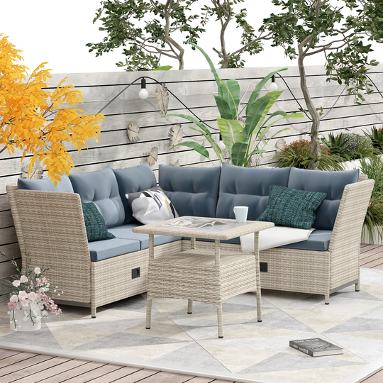 Outdoor Patio 4-Piece All Weather PE Wicker Rattan Sofa Set with Adjustable Backs Reclinable Chaise Lounge for Backyard Poolside