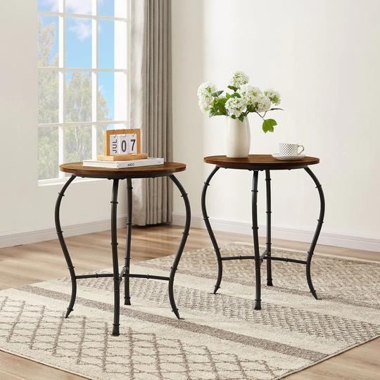 VECELO Industrial Round Side Table/End Table Set of 2, Rustic Brown