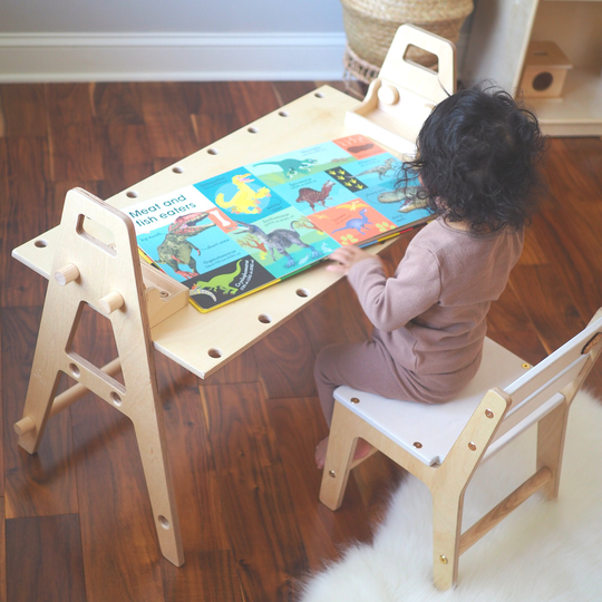 Modular Table Set For Kids. Storage Box. Natural Wooden Handles. Easy Assembly
