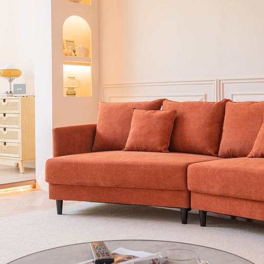 Luxury Polyester Fabric 4-Seat Sectional Sofa Set Modern Padded Right Chaise Longue with 4 Back Cushions & 2 Pillows