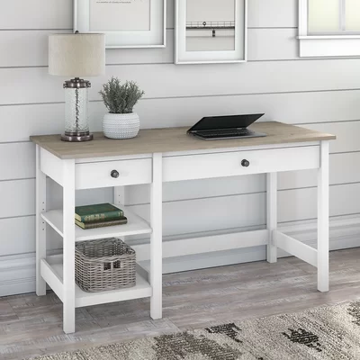 Adio 54W Computer Desk with Shelves In Pure White and Shiplap Gray