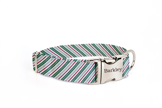 Dog Collar With Name, Christmas Red Green Striped Collar, Winter Name