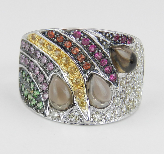 Multi Color Sapphire & Diamond Ring Anniversary Band 18K White Gold Size 6.75 Peacock Free Sizing Lqgr20