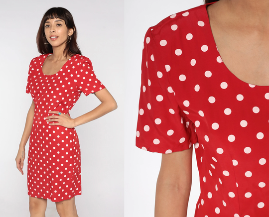 Red Polka Dot Dress 80S 90S Mini Pencil White Dots Power Shoulder 1980S Sheath Vintage 1990S Retro Preppy Short Sleeve Medium M