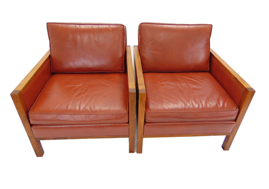 Pair Of Vintage Mid Century "Rust" Genuine Leather & Walnut Cube Chairs