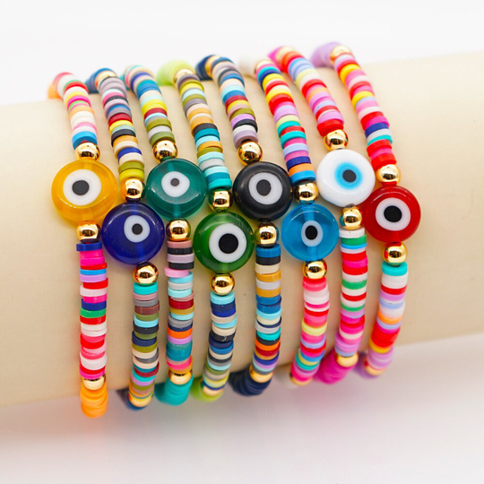Evil Eye Summer Jewelry - Colorful Heishi Bead Bracelets Neon Stacking Pool Resort Beach Hippie Boho Stretch