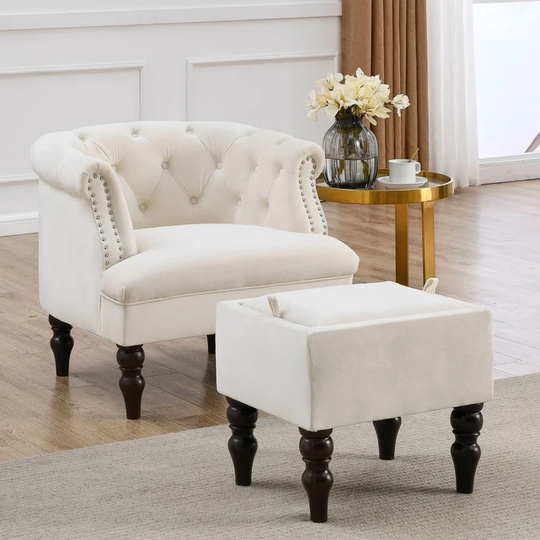 Modern Tufted Accent Chair with Ottoman, Living room chair, Comfortable Armchair with Solid Wood Legs for Reading or Lounging
