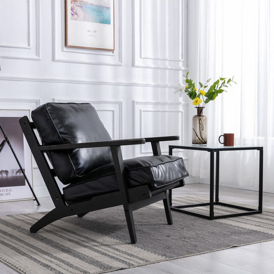solid wood bantique painting removable cushion arm chair, mid-century PU leather accent chair