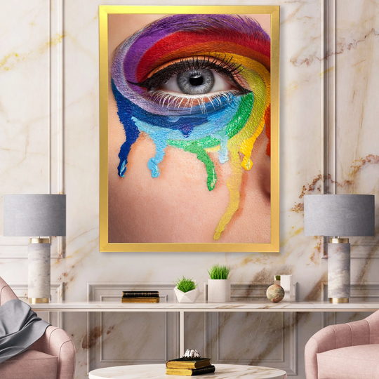 Designart 'Close Up Eye With Cry Colors In A Wheel Arround' Modern Framed Art Print