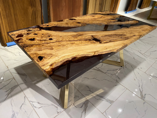 Chestnut Epoxy Table, Wood Black Transparent Resin Dining Walnut Live Edge River Custom Order