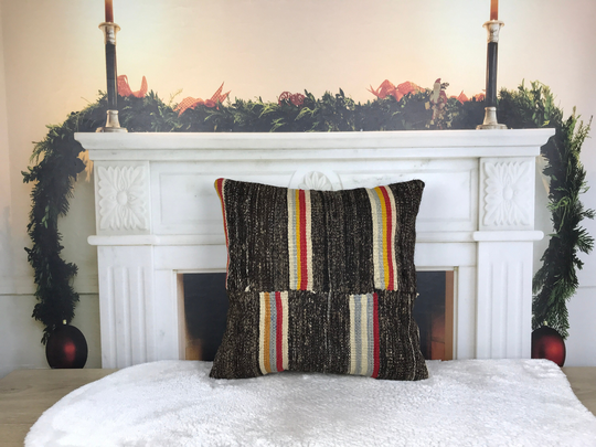 Decorative Kilim Pillow, Patchworked Sofa Striped Wool 18x18 Inches Nomadic Pillow Cover, Vintage Chic 4604