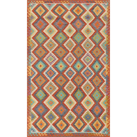 Geometric Multi-Color Kilim Area Rug Hand-woven Wool Carpet - 6'7"x 10'1"