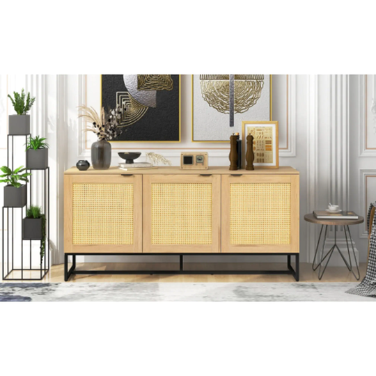 Wicker Sideboard Storage Cabinet 63 inch, with 3 doors, Wooden MDF Console Table Kitchen Dining Room Storage Cupboard